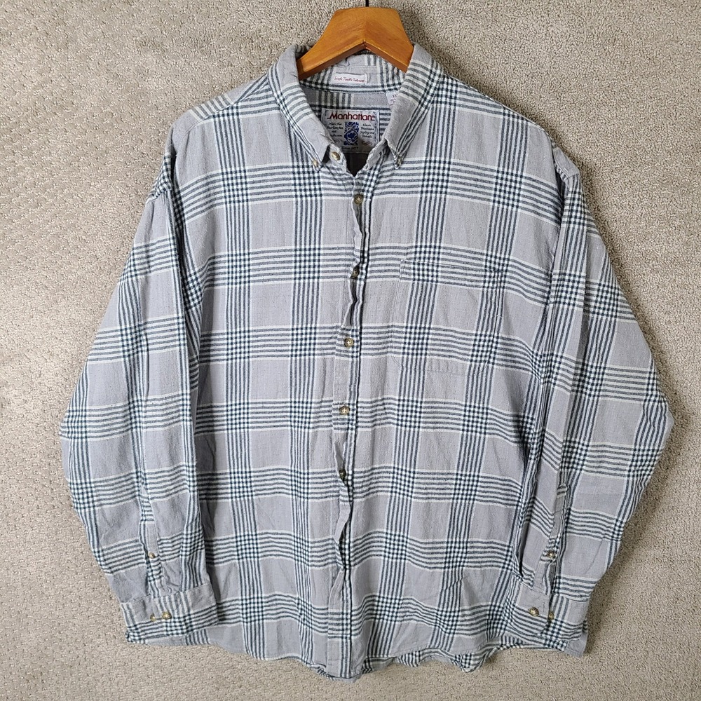 Vintage Manhattan Shirt XXXL Gray Plaid Flannel Button Down‎ Long Sleeve Cotton